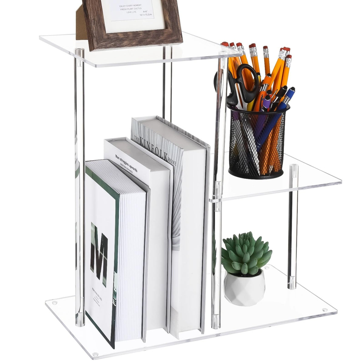 3-Tier Clear Acrylic Desktop Bookshelf, Modern Table Top Shelf Organizer with Silicone Pads, Easy to Assemble