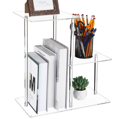 3-Tier Clear Acrylic Desktop Bookshelf, Modern Table Top Shelf Organizer with Silicone Pads, Easy to Assemble