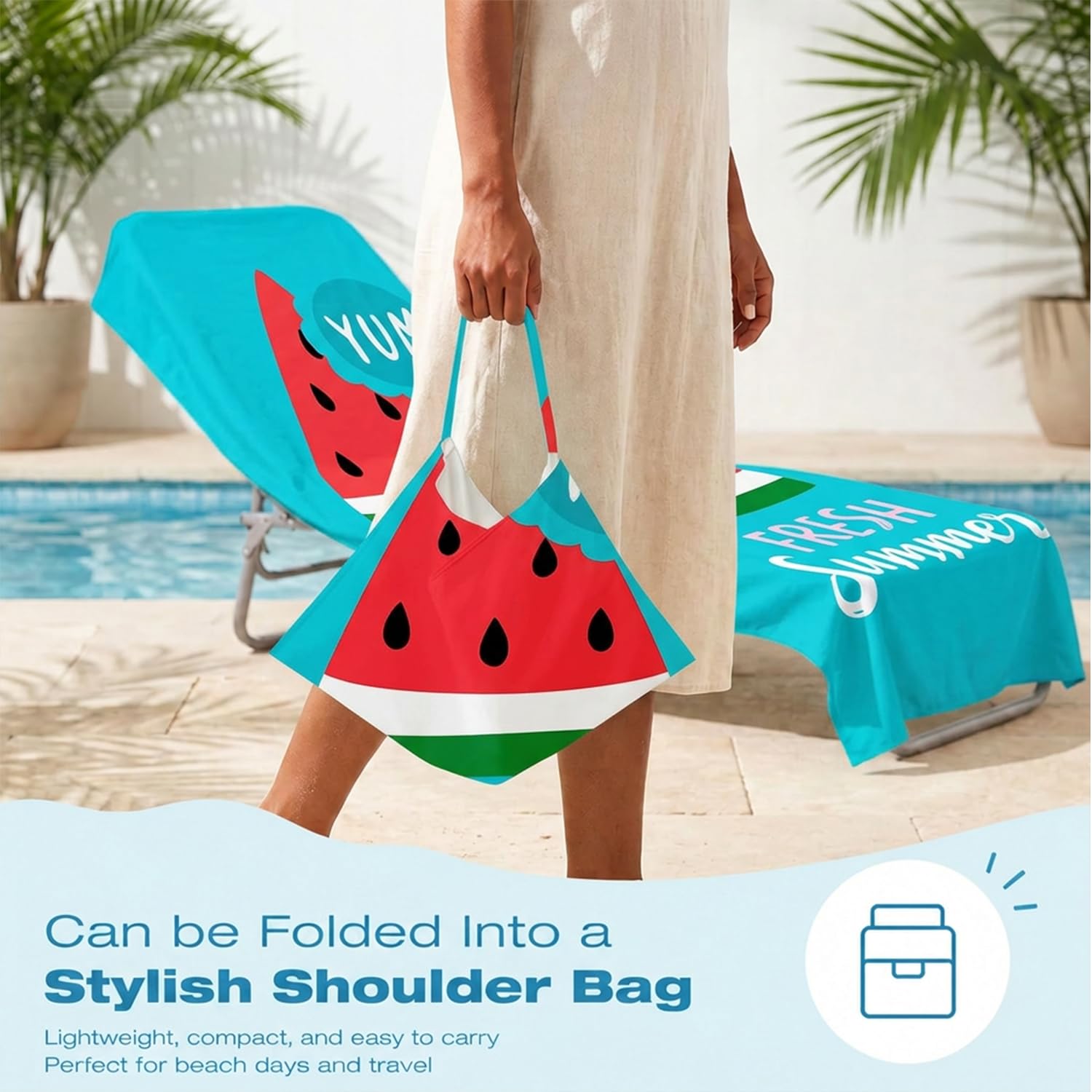 Surwin Sun Lounger Towel with Pockets, 3D Juice Print Quick Dry Beach Towel, Microfiber Sunbed Towels Travel Lounger Bag for Loungers Summer Holiday