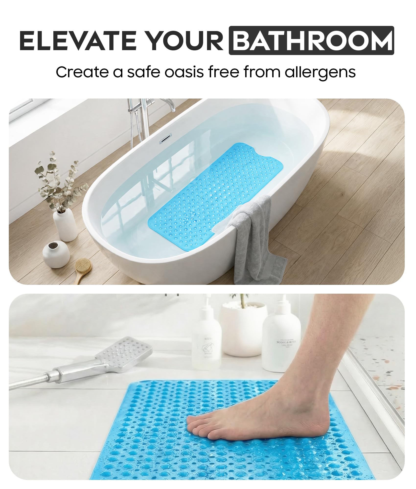ADOV Bath Mat Non Slip, 100 x 40 cm Extra Long Shower Mat Anti Mould, Bathroom Bathtub Mats for Tub, 200 Strong Suction Cups and Drain Holes