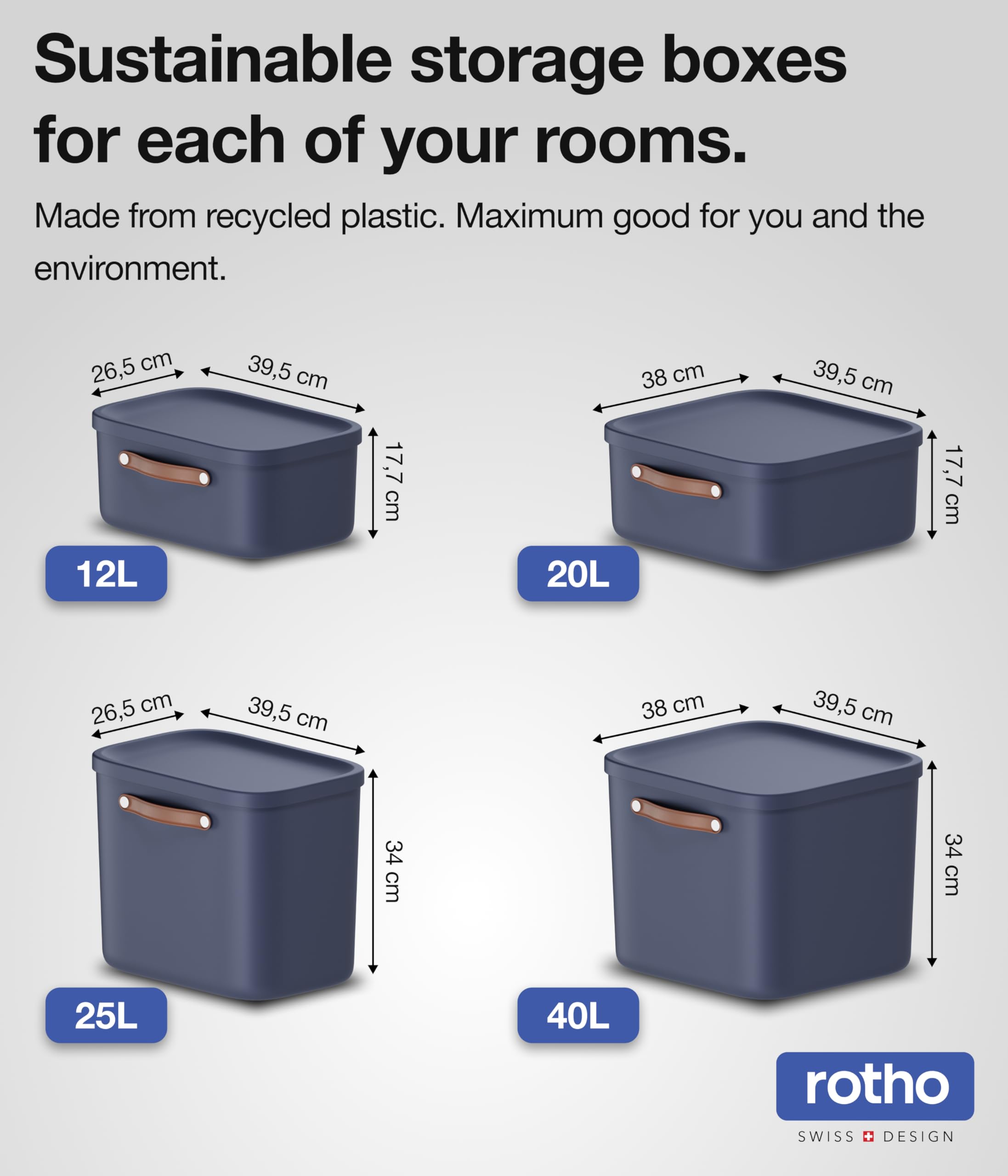 Rotho Maloja 40l Stackable Plastic Storage Box, Blue (Recycled PP), 39.5 x 38.0 x 34.0 cm