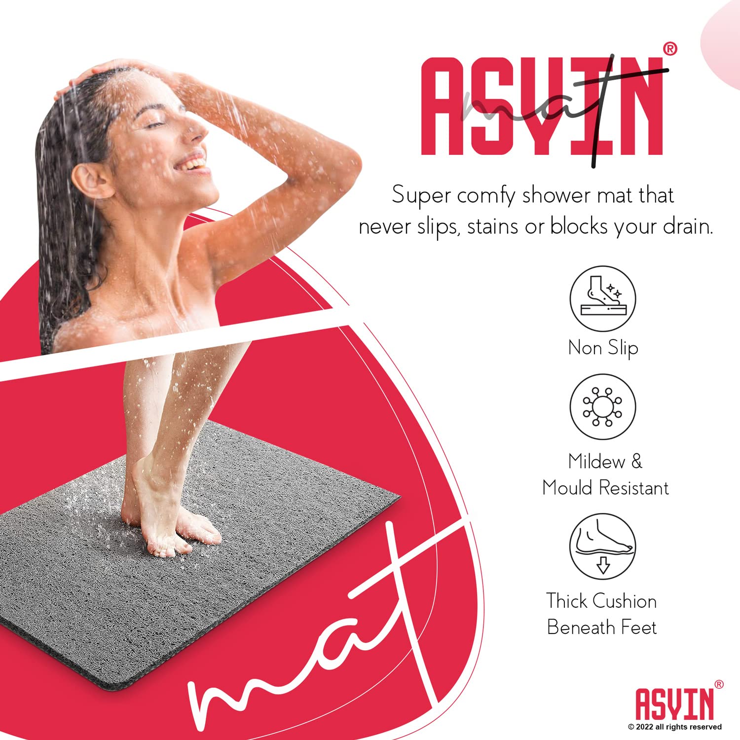 Asvin Non Slip Shower Mat & Bath Mat 40x60cm Grey, Anti Mould Loofah for Wet Floors & Inside Shower. OEKO-TEX 100 Certified, Phthalate Free