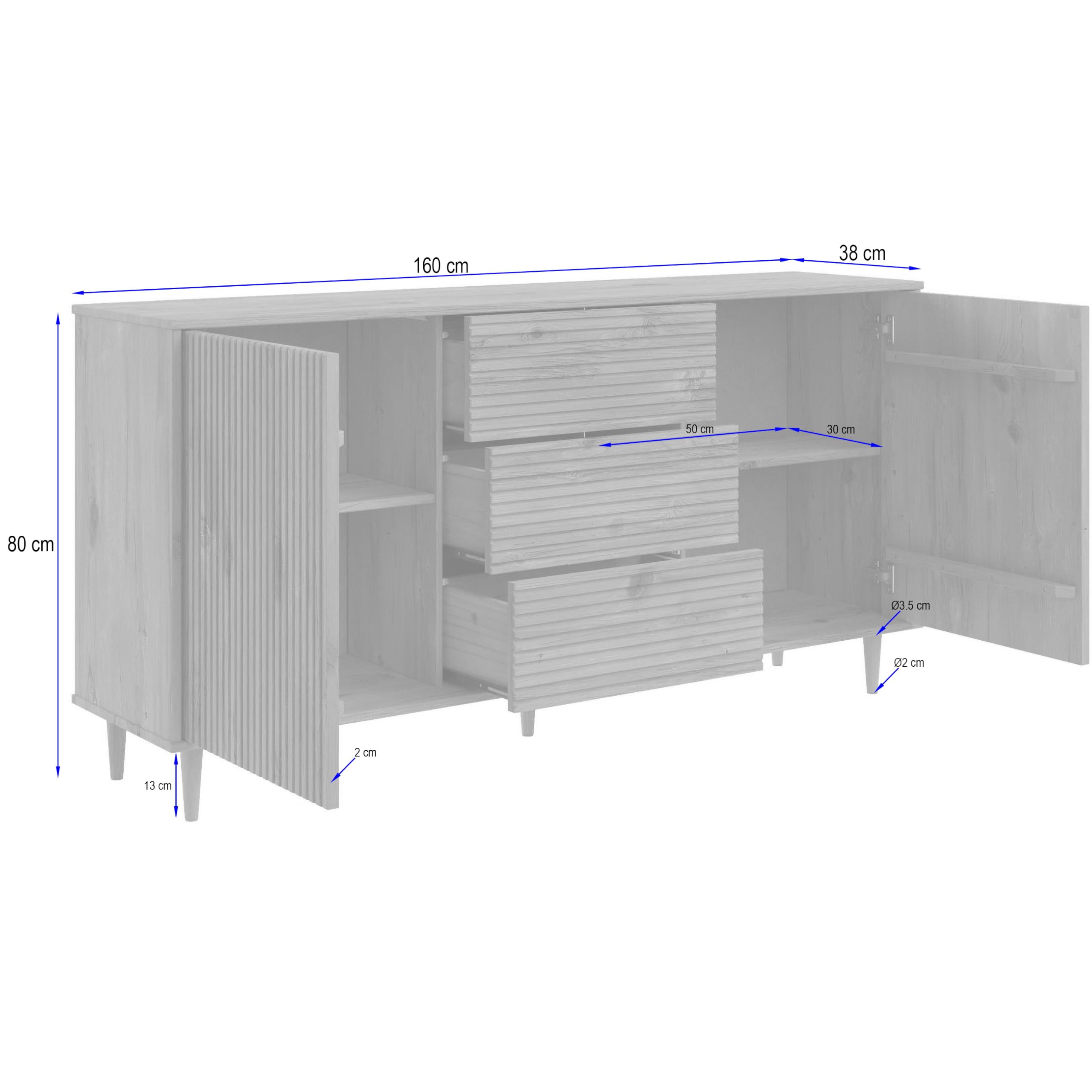 Jerzy Sideboard 160 cm with 2 doors 3 Drawers in Stain Wax, 38x160x80cm (DxWxH)
