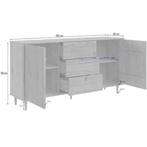 Jerzy Sideboard 160 cm with 2 doors 3 Drawers in Brown, 38x160x80cm (DxWxH)
