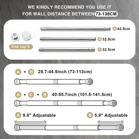 2PCS Shower Curtain Rod Stainless Steel Extendable Shower Curtain Pole No Drilling Tension Rod for Clothes Shower Curtain Rail Net Curtain Poles for