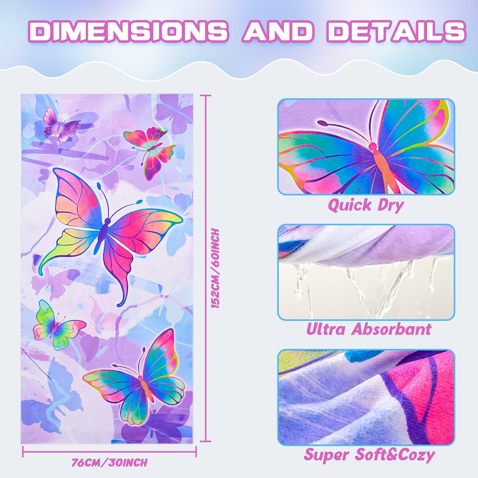 WERNNSAI Butterfly Microfibre Beach Towel for Kids, 76 x 150cm Bath Towel