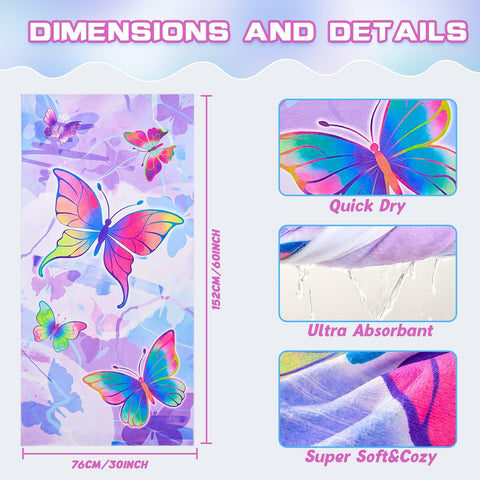 WERNNSAI Butterfly Microfibre Beach Towel for Kids, 76 x 150cm Bath Towel