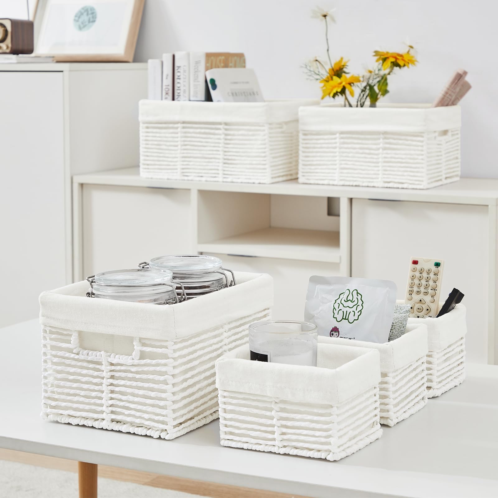 Vagusicc Wicker Storage Basket, Set of 6 Hand-Woven Display Hamper Basket with Handle, Wicker Basket for Shelves Closet
