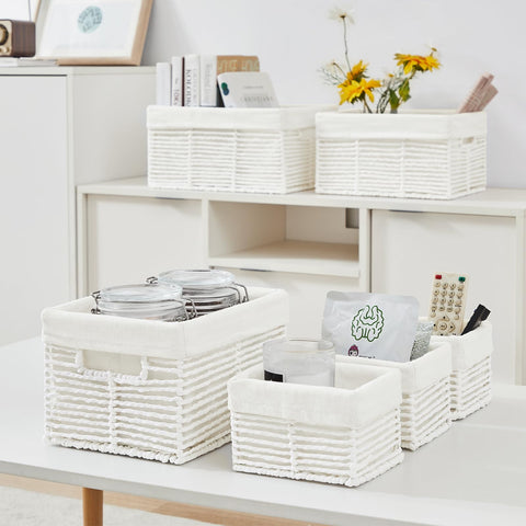 Vagusicc Wicker Storage Basket, Set of 6 Hand-Woven Display Hamper Basket with Handle, Wicker Basket for Shelves Closet