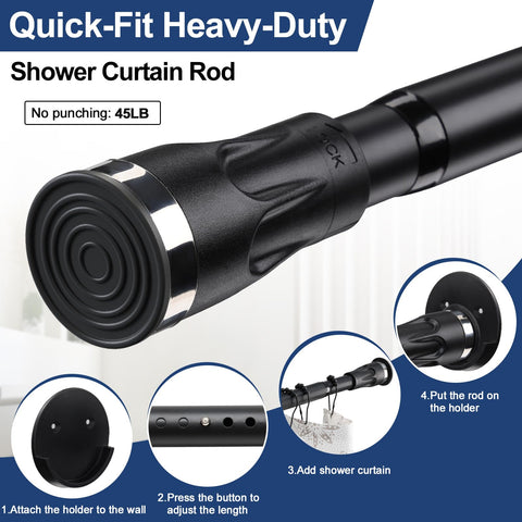 Shower Curtain Rod With Holders, 42 to 115 inch Tension Shower Curtain Rod No Drilling Adjustable Black Shower Rods
