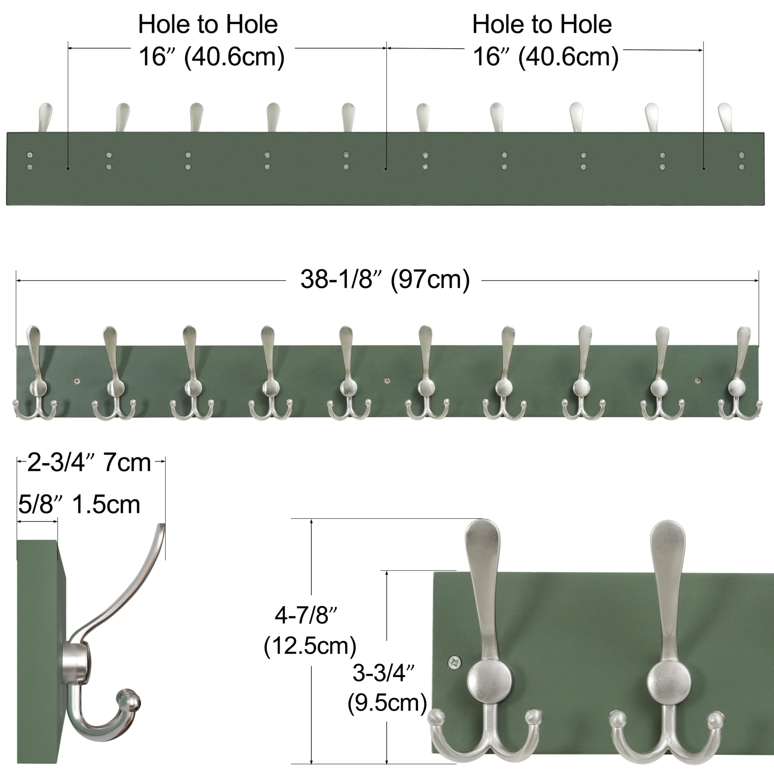 SKOLOO Creations Forest Green Solid Wood Wall Mounted Coat Rack, 10 Hooks, 97cm Long - Kitchen, Mudroom, Entryway, Bathroom