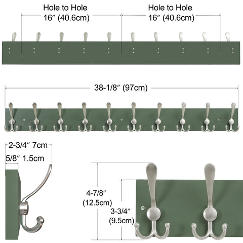 SKOLOO Creations Forest Green Solid Wood Wall Mounted Coat Rack, 10 Hooks, 97cm Long - Kitchen, Mudroom, Entryway, Bathroom
