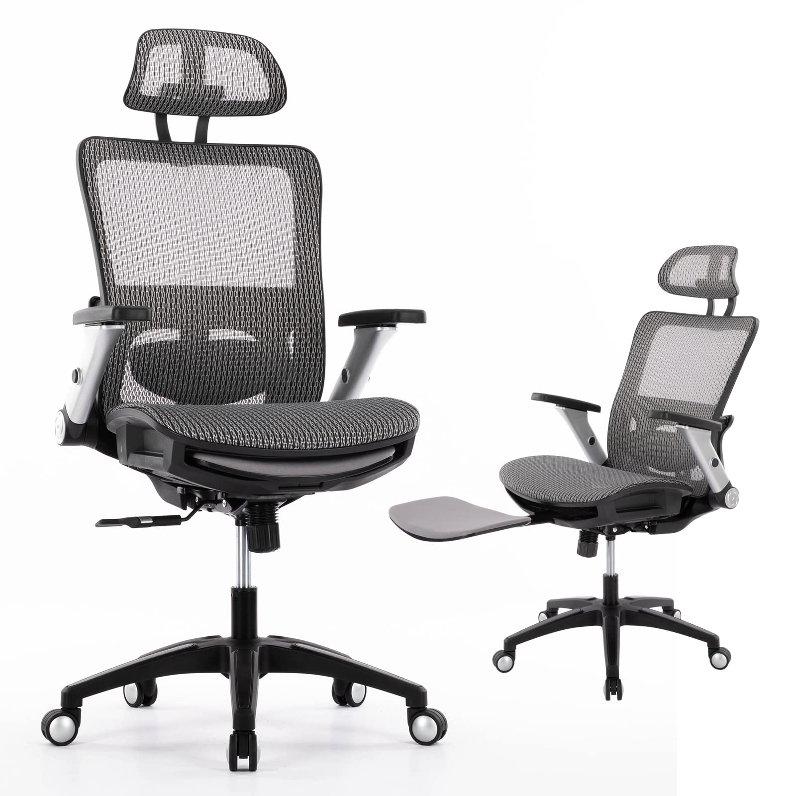 COLAMY Ergonomic Mesh Office Chair with Footrest, High Back Computer Chair with Lumbar Support, 4D Flip-up Armrests, Adjustable Headrest, Tilt Lock