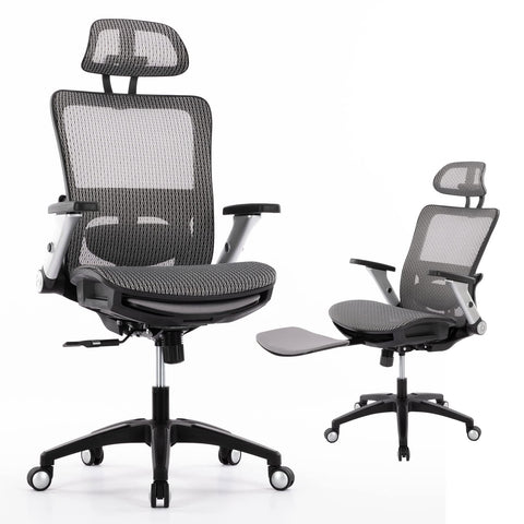 COLAMY Ergonomic Mesh Office Chair with Footrest, High Back Computer Chair with Lumbar Support, 4D Flip-up Armrests, Adjustable Headrest, Tilt Lock