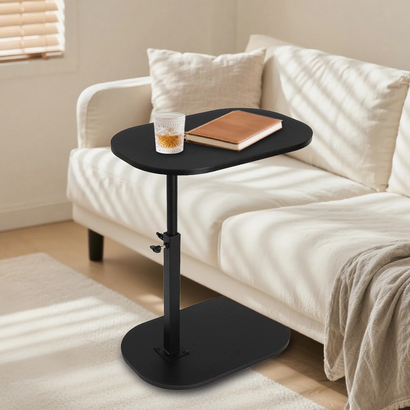 YYW C Shaped End Table, Adjustable Height with Wheels, Glossy Black (Glossy Black)