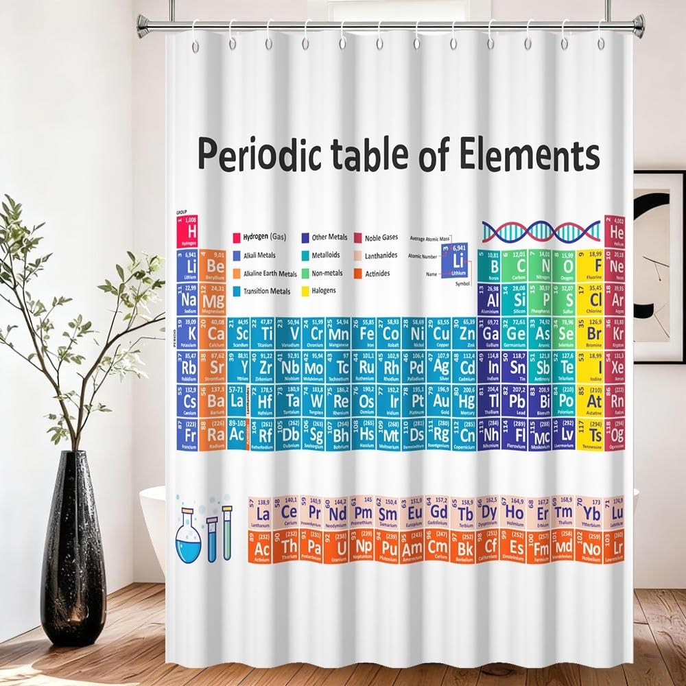 Xiaoterna Periodic Table of Elements Shower Curtain Abstract White Bathroom Curtain Chemical Element Table Water Repellant Washable Fabric for