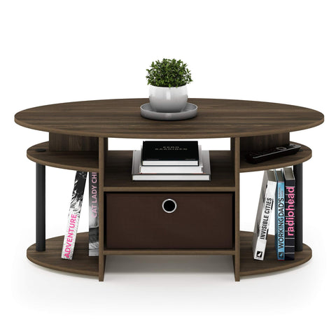 Furinno JAYA Coffee Table, Oval Modern Coffee Table with Shelves and Storage Bin, Side Table, for Living Room, Bedroom, Home Office, Columbia Walnut