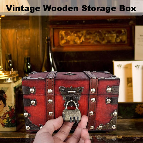 AOTOPYU Treasure Chest Children's Birthday Pirate Chest Gift Box Lockable with Lid and Lock Wooden Chest (M: 22 x 15 x 14 cm)