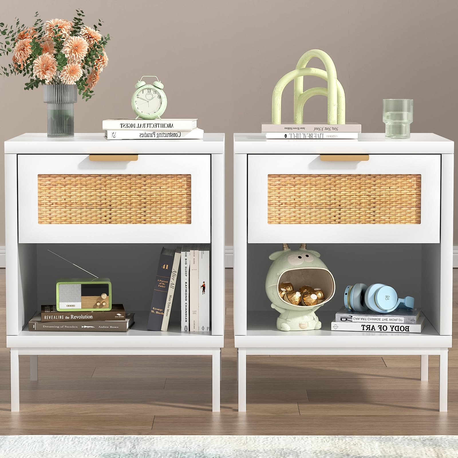 Skokliz Bedside Tables Set of 2, Rattan Bed Side Table for Bedroom with Drawer & Open Shelf, Wood Nightstand, White Bedside Cabinets for Living Room