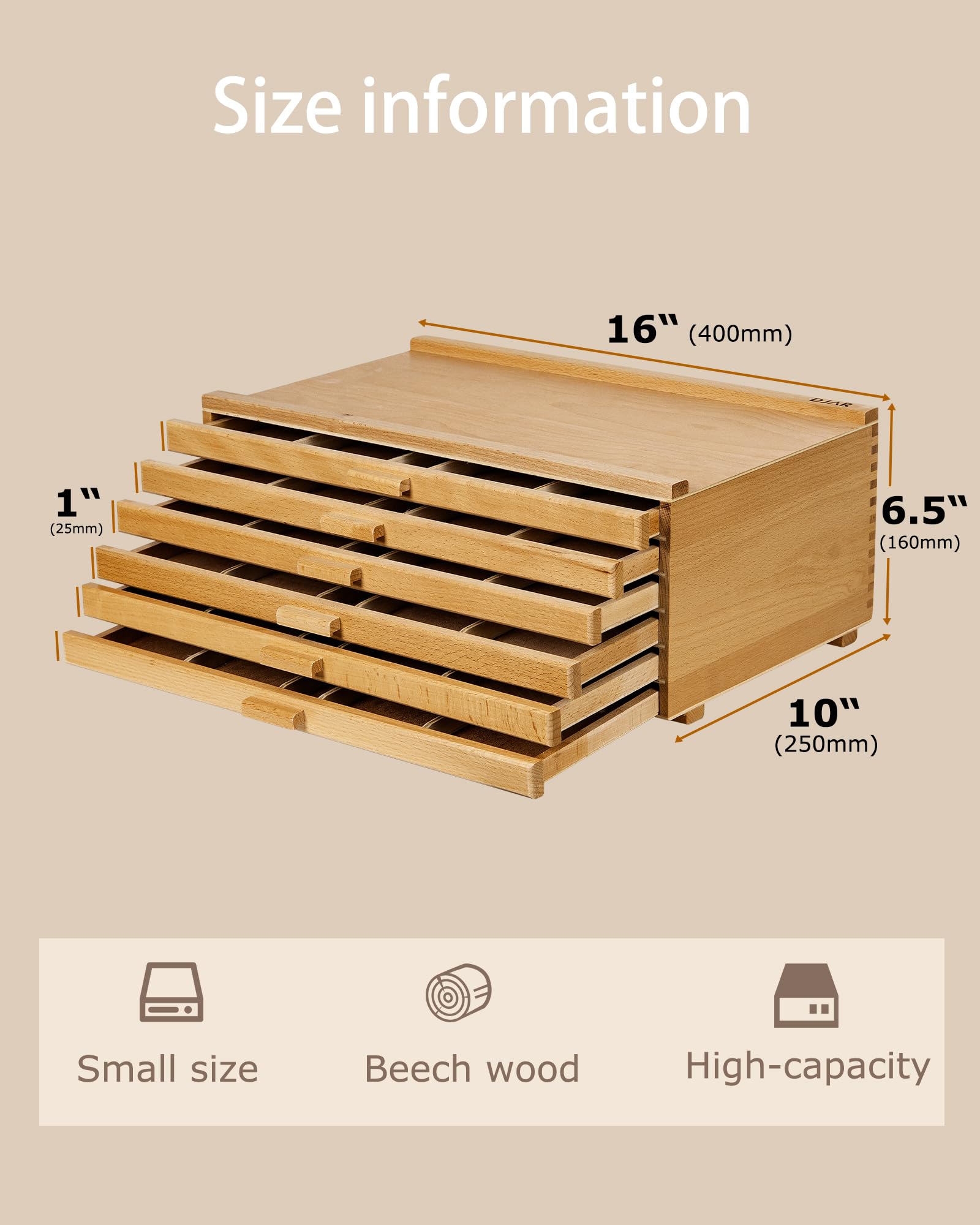 DJAR 6-Drawer Storage Box for Art Supplies, Beech Wood Desk Organizer for Pastels, Brushes, Pencils, Removable Drawers