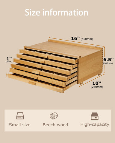 DJAR 6-Drawer Storage Box for Art Supplies, Beech Wood Desk Organizer for Pastels, Brushes, Pencils, Removable Drawers