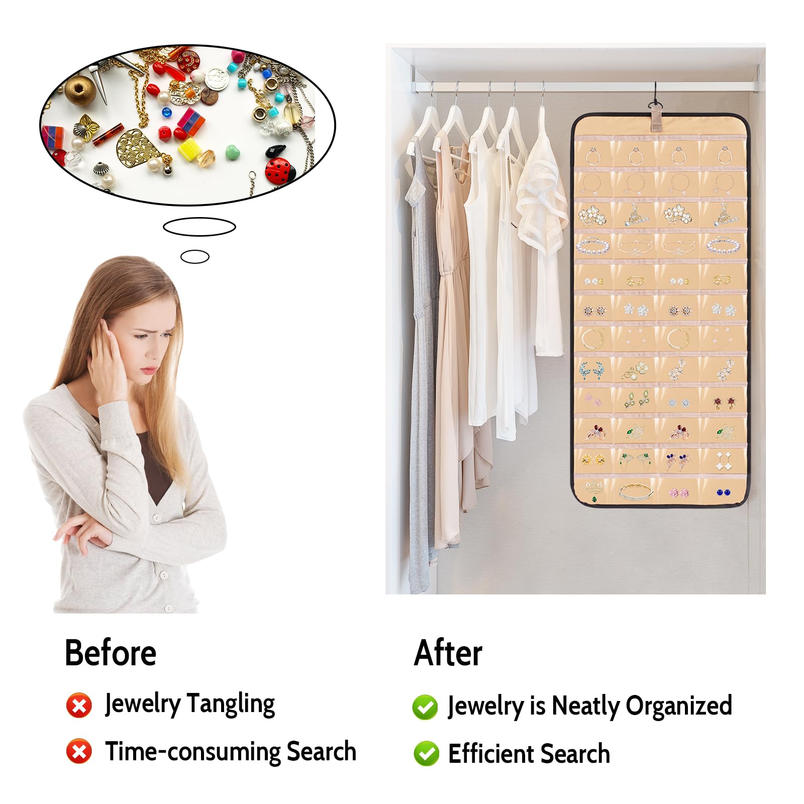 Minicoco 1Pcs Dual-sided Jewelry Organizer Hanging with Metal Hooks,Hanging Jewelry Organizer 48 Pockets and 3 Wave-Shaped Hooks,Jewelry Roll for