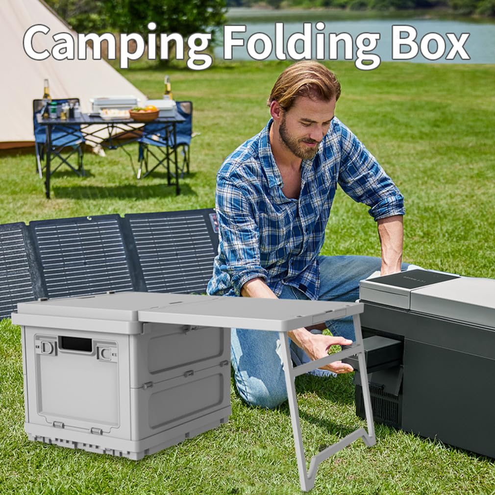 beolur 2-in-1 Foldable Storage Box & Table – Collapsible Organizer with Pull-Out Tabletop, Space-Saving for Car Boot, Campervan, RV & Home, ABS+PP