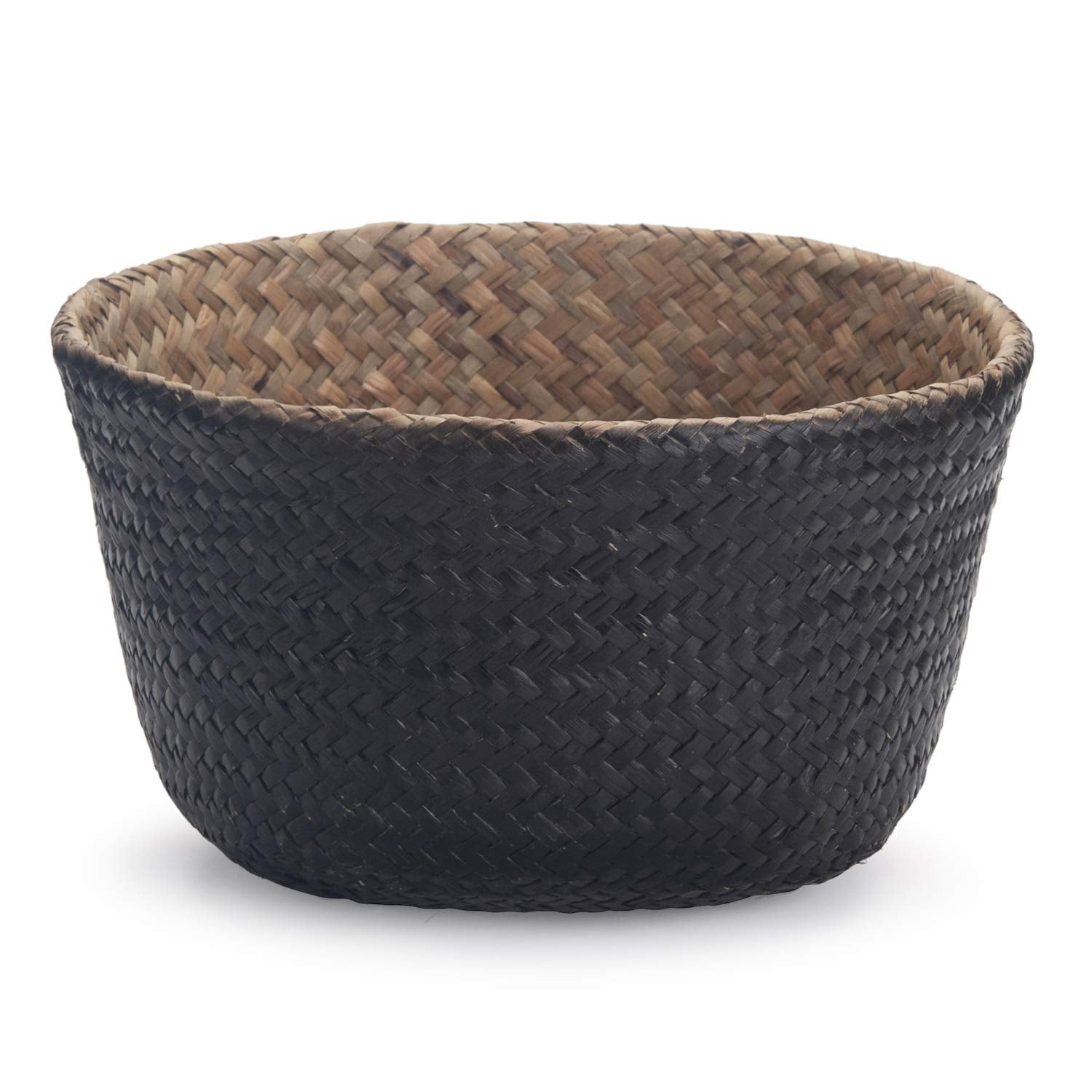 Seagrass Belly Basket Woven Plant Pot with Handles Natural Foldable for Storage Laundry Blankets Toys (Natural + Black)