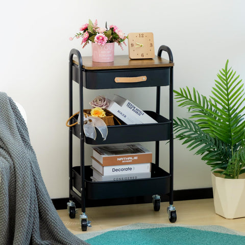 DOEWORKS Storage Trolley on Wheels Metal 3-Tier Rolling Trolley with Drawer