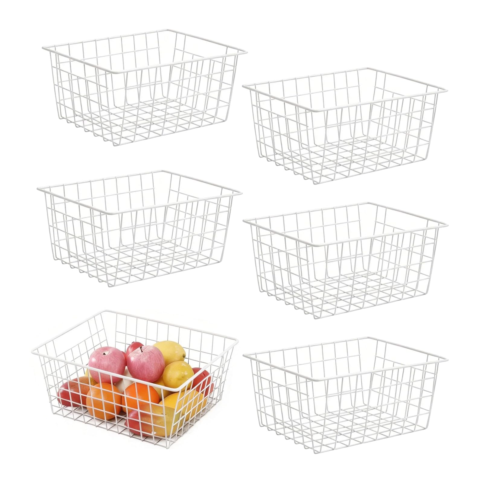 Hniuyun 6 Pack White Wire Basket, Countertop Organizer for Kitchen Cabinets, Metal Storage Baskets for Garage, Refridge, Bedroom, Bathroom, Laundry