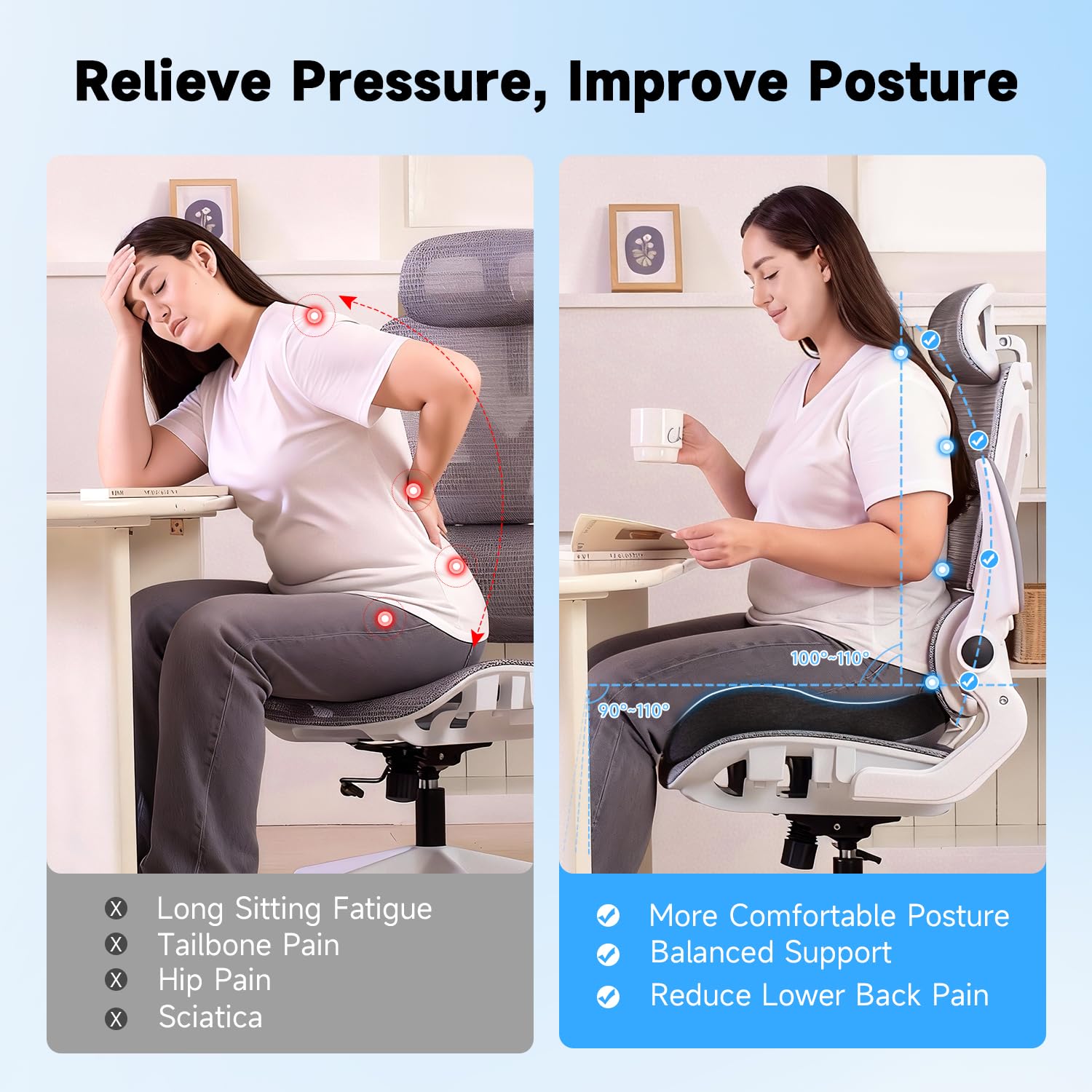 Office Chair Cushion - Large & Supportive Ergonomic Coccyx Seat Cushion for Long Sitting, Memory Foam Seat Cushion with Thick Support
