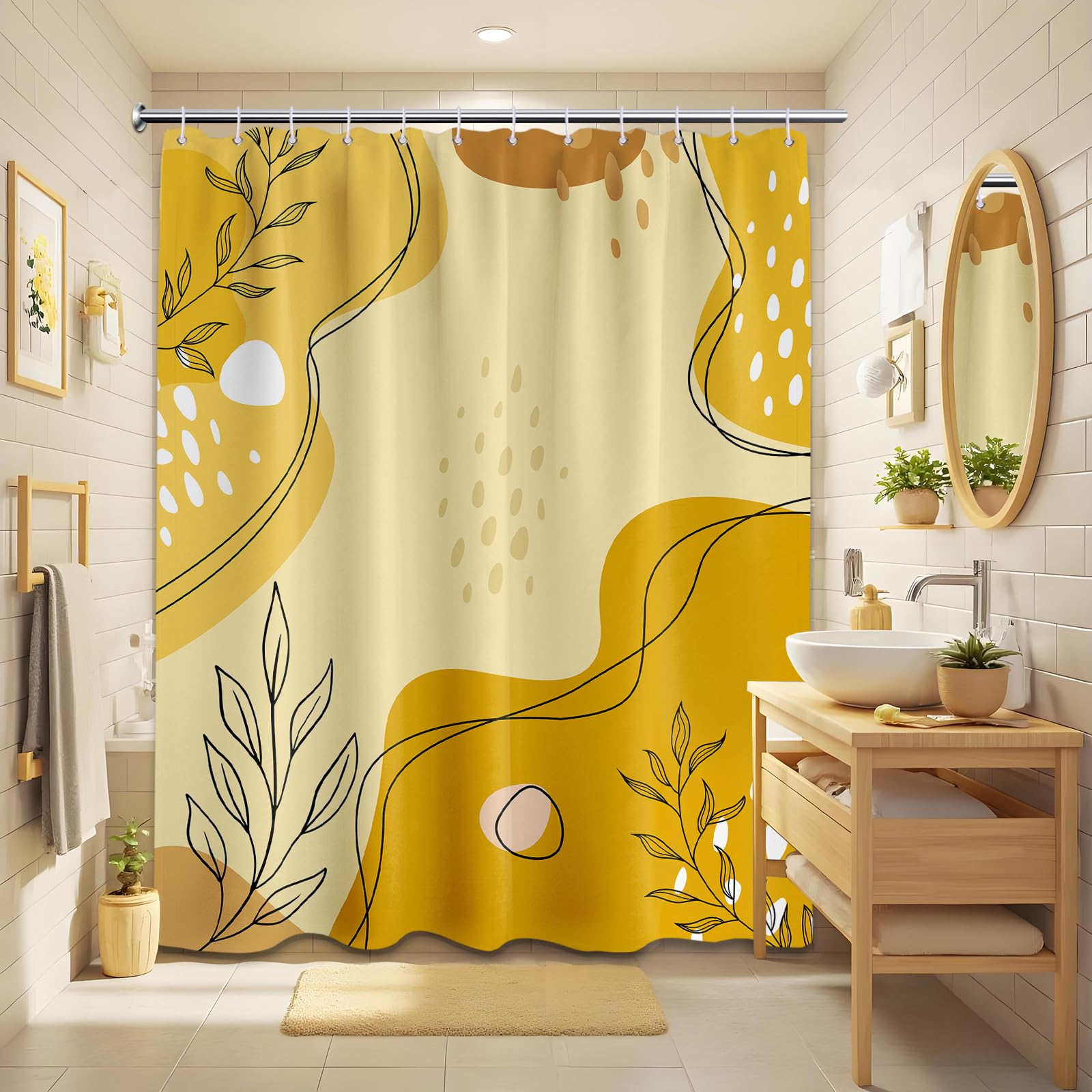 LanZanthic Mustard Yellow Shower Curtains for Bathroom Light and Dark Yellow Modern Abstract Boho Wet Room Shower Curtain with hooks