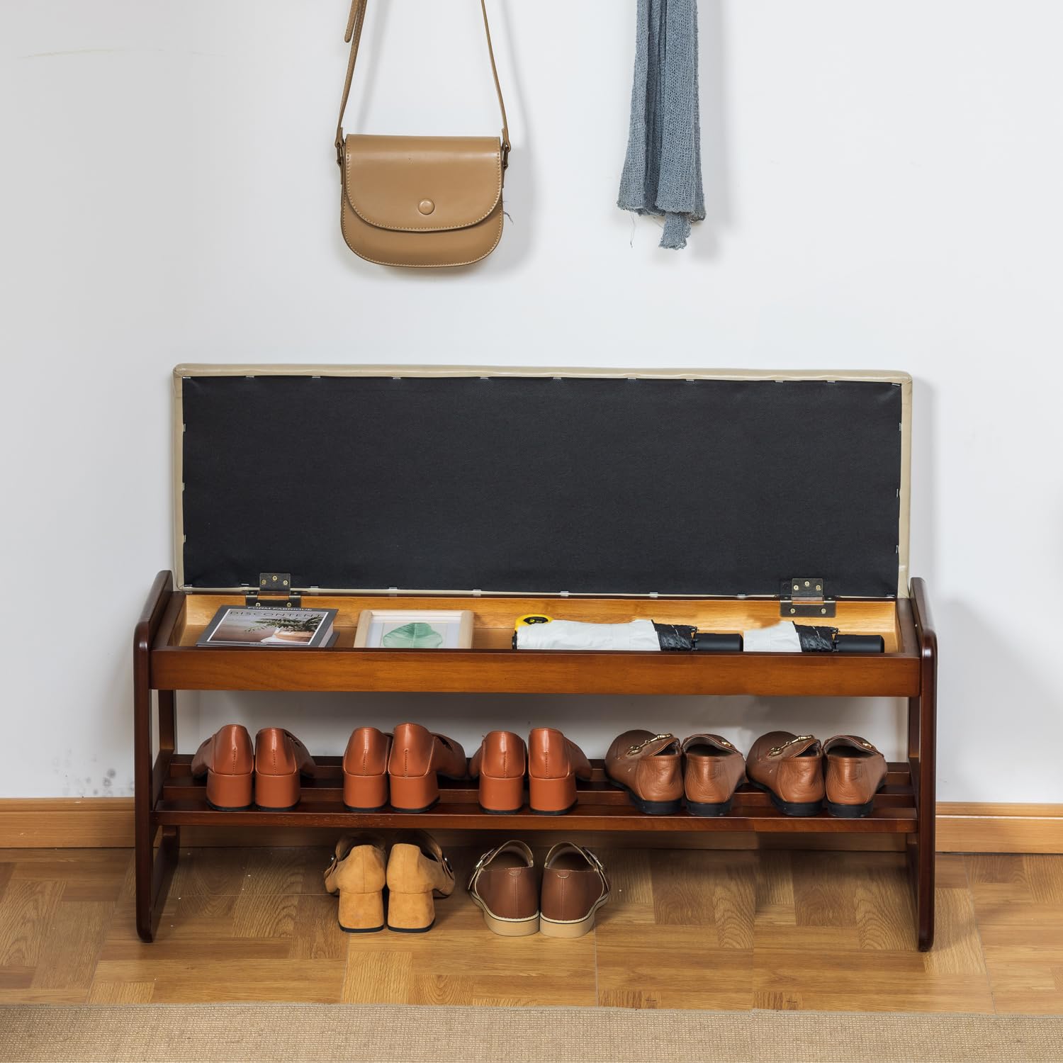 SOBIBO Solid Wood Shoe Bench, 2-Tier Entryway Bench with Cushion and Flip-Open Storage Box, Mid-Century Modern Shoe Bench Rack for Hallway