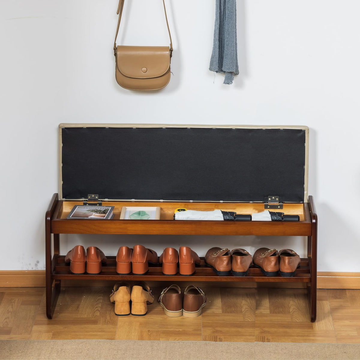 SOBIBO Solid Wood Shoe Bench, 2-Tier Entryway Bench with Cushion and Flip-Open Storage Box, Mid-Century Modern Shoe Bench Rack for Hallway