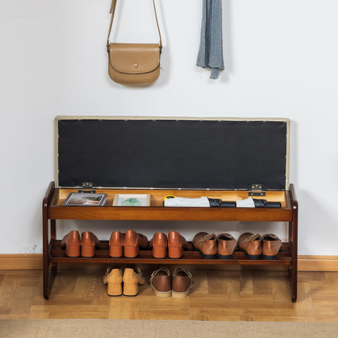 SOBIBO Solid Wood Shoe Bench, 2-Tier Entryway Bench with Cushion and Flip-Open Storage Box, Mid-Century Modern Shoe Bench Rack for Hallway