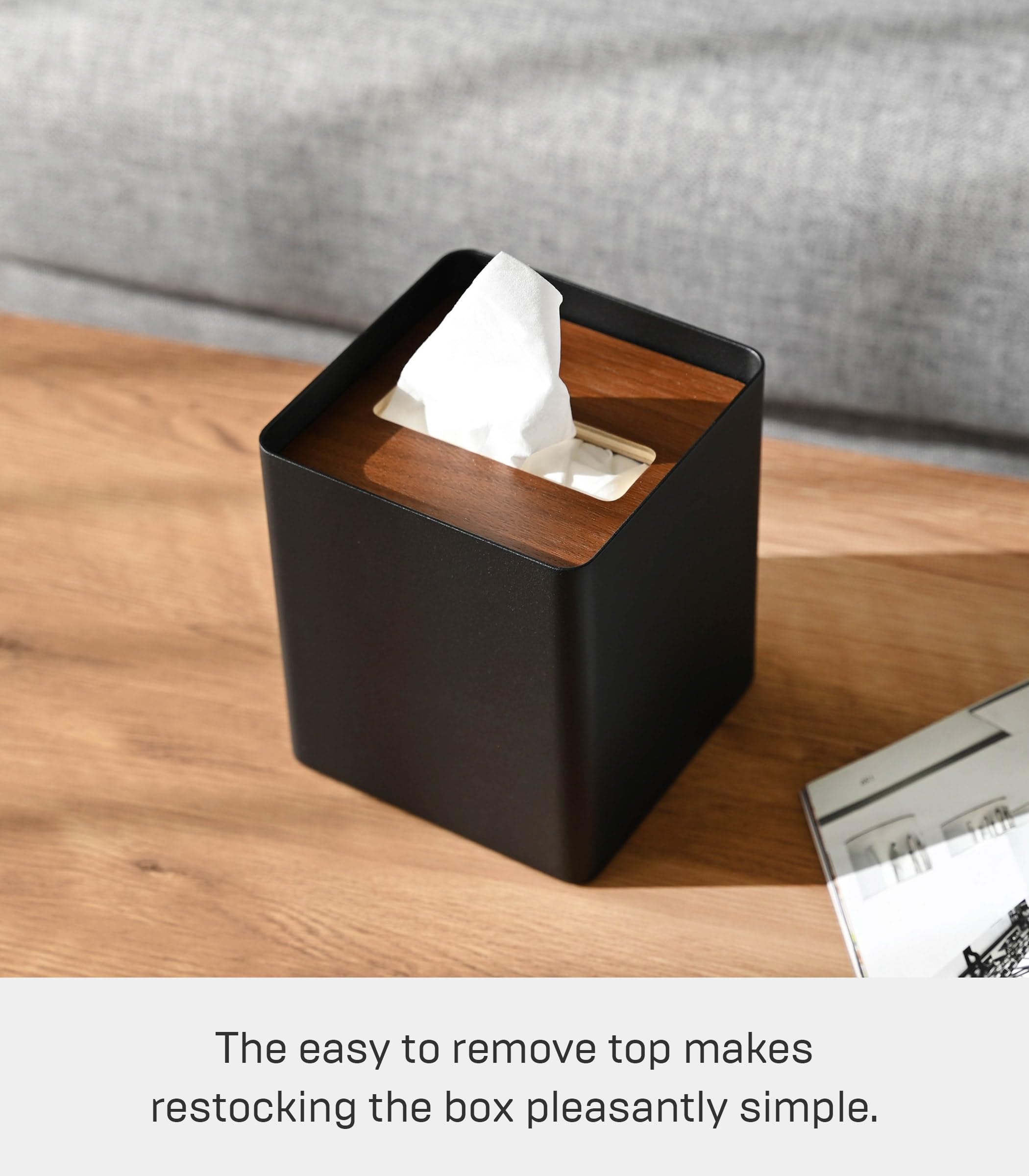 Yamazaki Home Rin Reusable Tissue Box Cover Metal Holder Container Case with Natural Wooden Lid - Steel