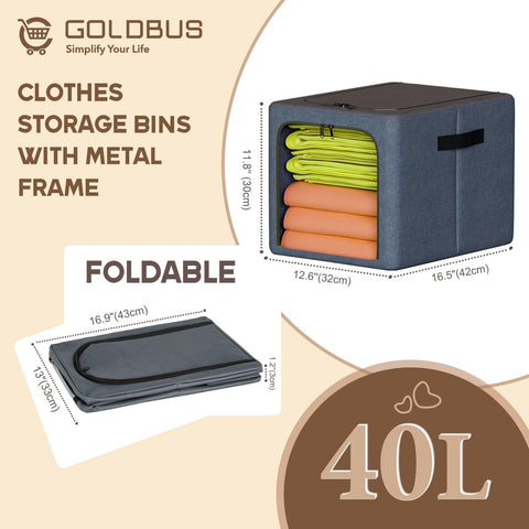 Goldbus 40LStackable Clothes Storage Bins with Metal Frame- 6 Pack Foldable Closet Organizers and Fabric Storage Box with Zippers