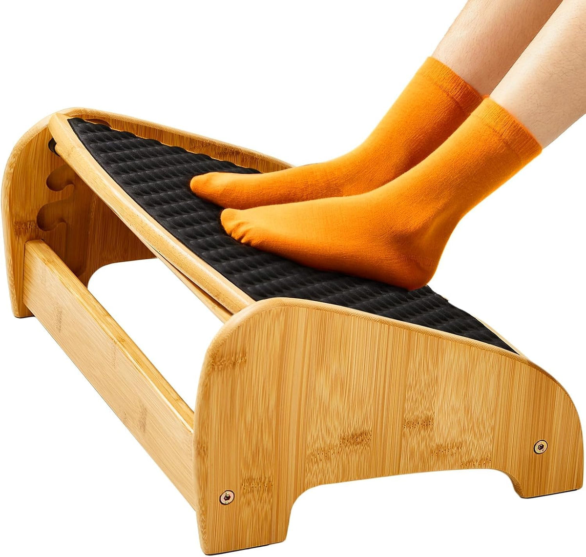 HUANUO Bamboo Under Desk Footrest, Ergonomic Foot Rest with 4 Height Options & Adjustable Angles, Pebble Massage Surface
