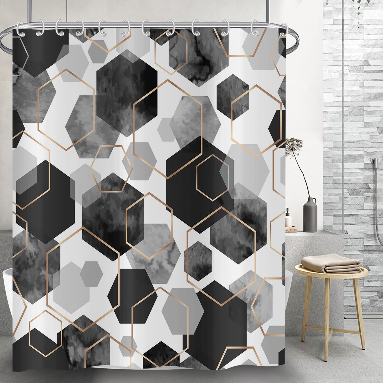 Hnmdmyi Black Shower Curtain 180x200, Modern Geometric Hexagon Abstract Art Bathroom Curtains Waterproof Polyester Fabric Washable Bath Curtains with