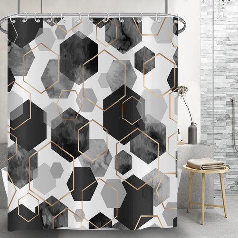 Hnmdmyi Black Shower Curtain 180x200, Modern Geometric Hexagon Abstract Art Bathroom Curtains Waterproof Polyester Fabric Washable Bath Curtains with