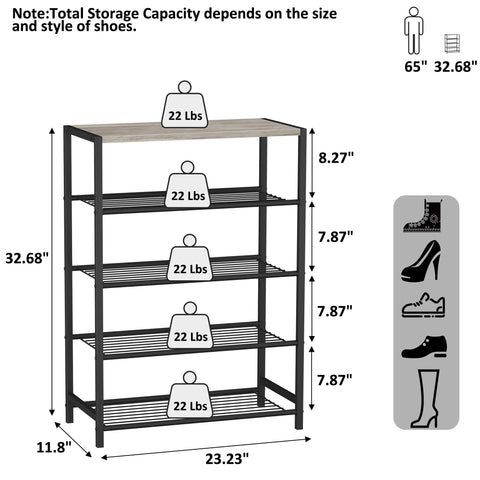 HOME BI 5-Tier Industrial Shoe Rack, Metal Storage Organizer, Durable Shoe Organizer Shelf for Closet, Hallway, Entryway, Living Room, Washed Gray