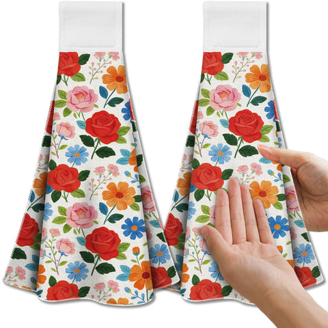CUTHOLLOW 2 Pcs Various of Flower Hanging Kitchen Towels with Loop