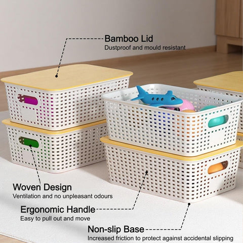 VIIHTYISA Plastic Storage Box with Bamboo Lid, Stackable Storage Baskets, Organizing Box for Shelves, Drawers, Desks, Cabinets, Playrooms and Offices
