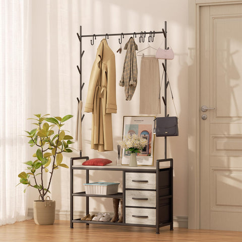 Free Standing Coat Rack Rustic Hall Tree Bench 33"x12"x69.3" Greige