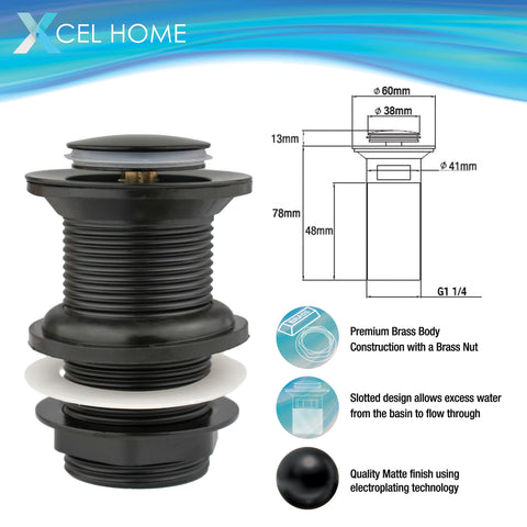 Xcel Home™ Unslotted Black Replacement Click Clack Basin Waste | Quality Brass Pop-Up Bathroom Sink Plug | Standard G 1 1/4" BSP Connection | 1 pc