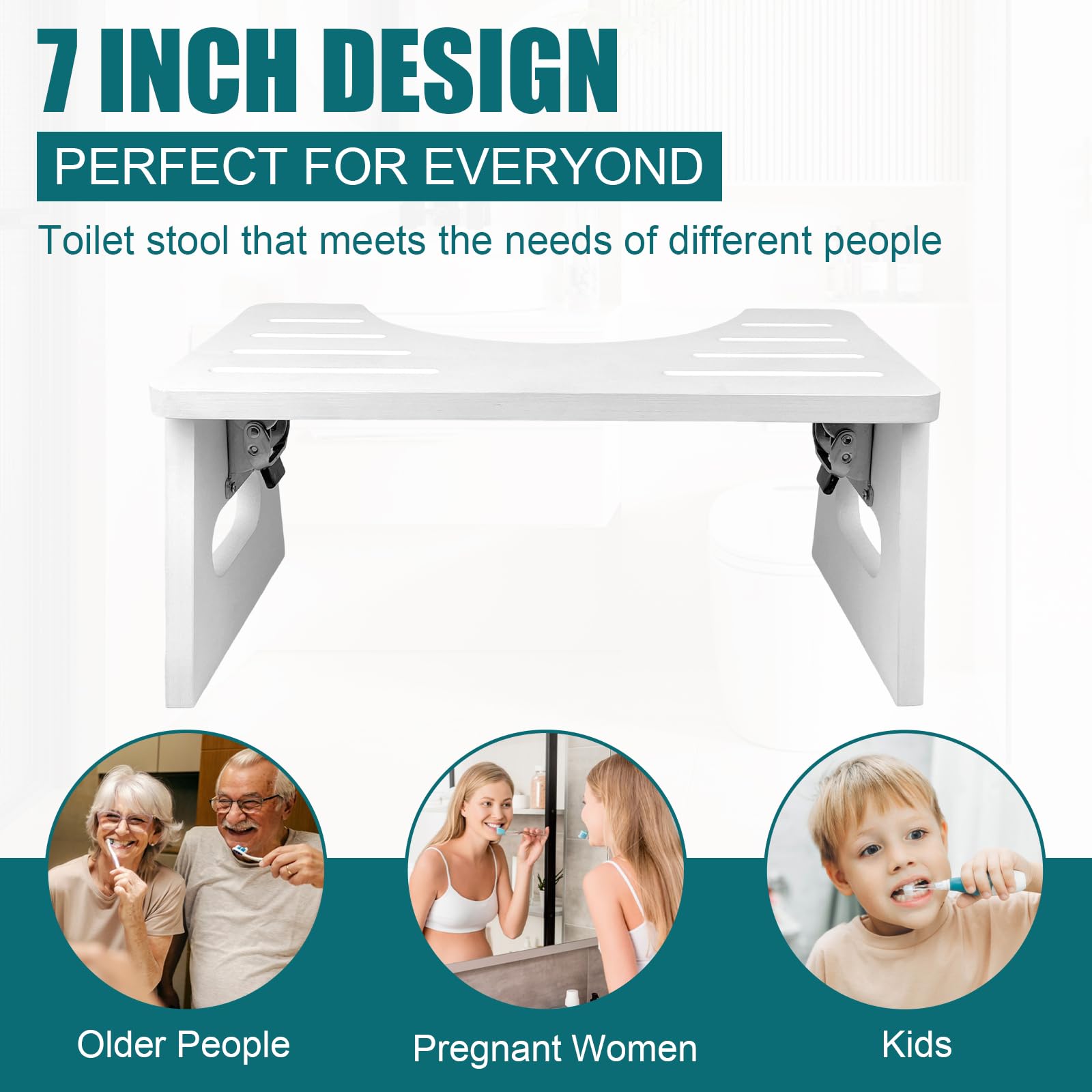 Bamboo Toilet Stool 7 Inch - Foldable Squatting Step Stool for Adults, Kids & Elderly - Anti-Slip Bathroom Stool for Better Pooping Posture