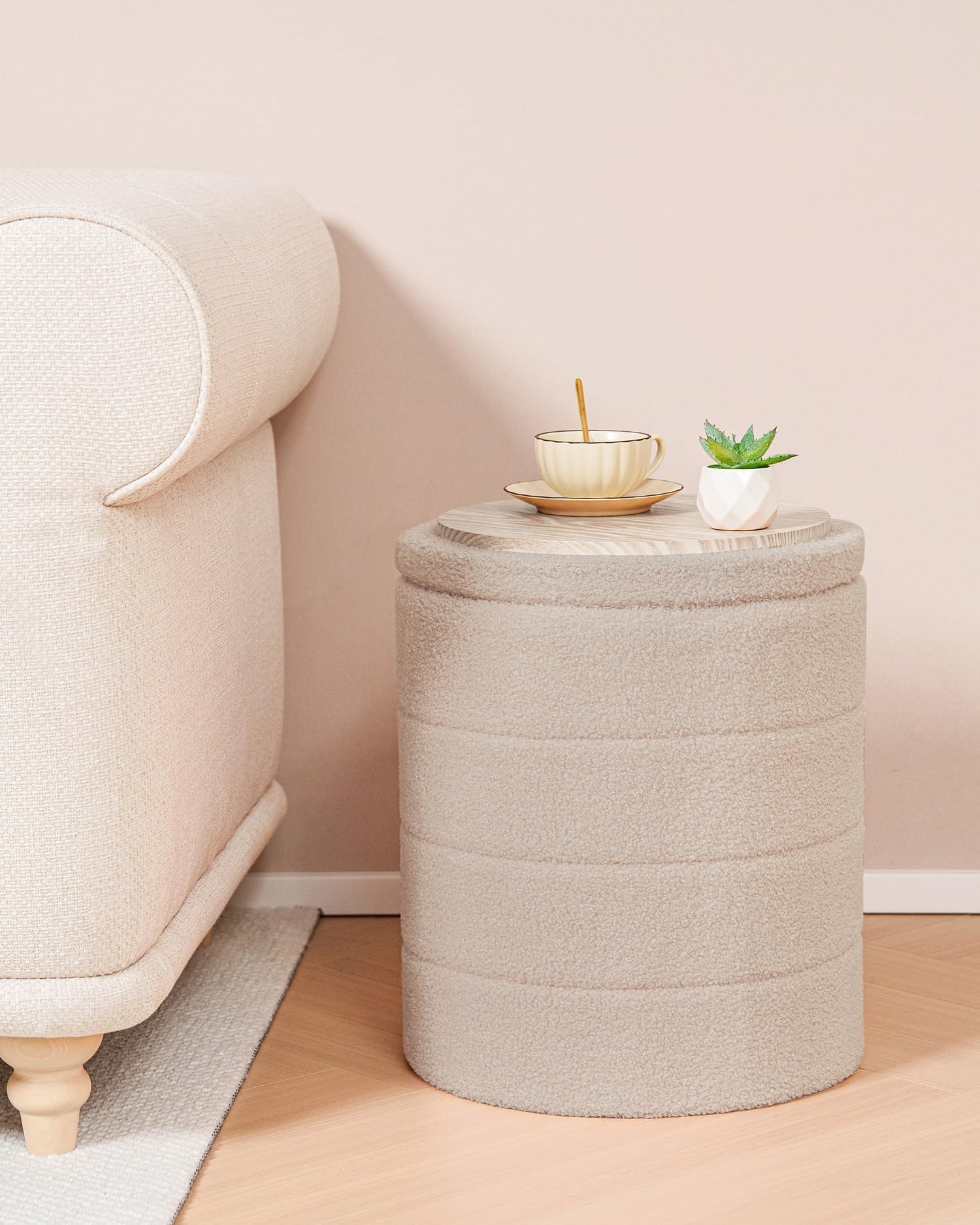 Bonlife Boucle Ottoman Storage, Foot Rest Stool Seat, Folding Footstool for Living Room, Sherpa Ottoman for Bedroom, Beige, 37x37x45 cm