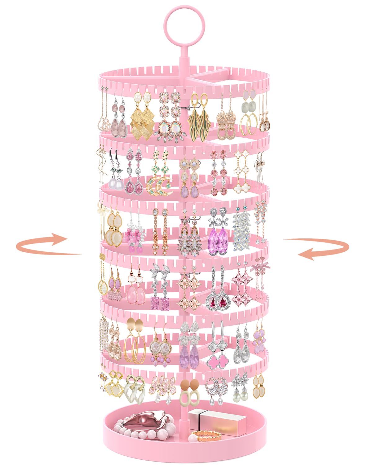 iDavosic.ly 6 Tier Rotating Earring Holder Organizer with Metal Tray, Pink