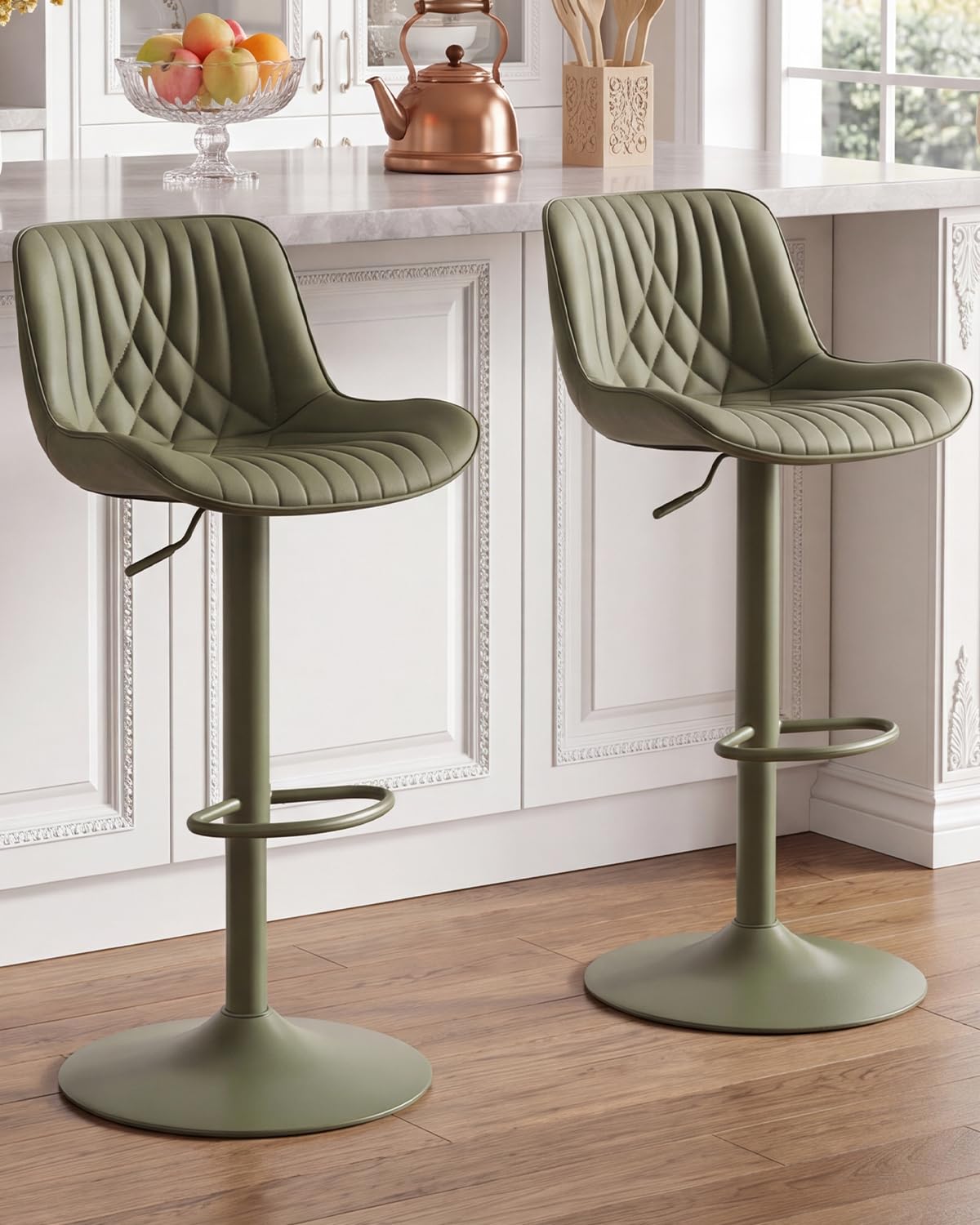 YOUTASTE Bar Stools Set of 2, Breakfast Bar Chairs with Back, PU Leather Kitchen stools, Swivel Height Adjustable Barstools, Modern (All Olive)