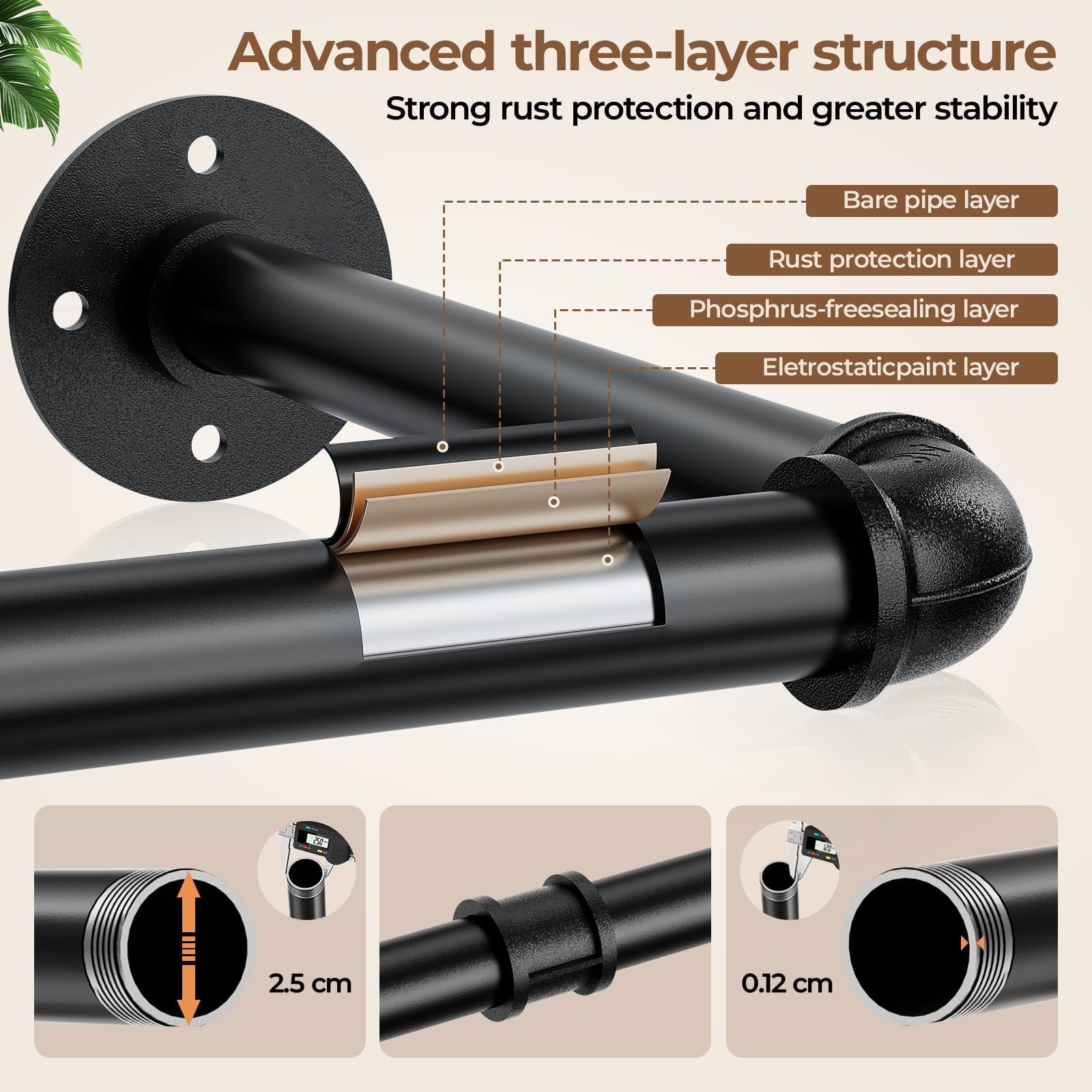 96cm Wall Mounted Clothes Rail Clothing Rack Industrial Pipe Rod Black